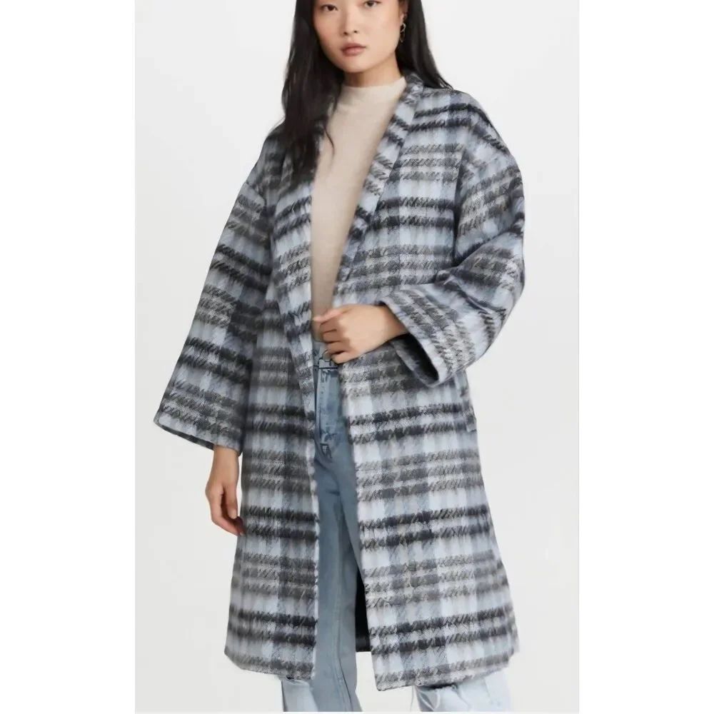 Apparis Sadia plaid blue&black long coat sz XXL